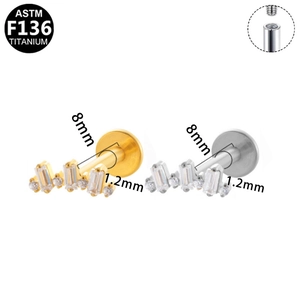 F136 Titanium labret stud with rectangular zircon, internal threading, 8mm length