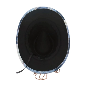 Detail showing inner black fabric lining and blue denim brim with adjustable strap