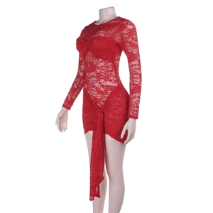 Detail of red lace mini dress showing hollow embroidery and slim-fit texture on mannequin