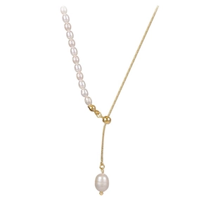 Asymmetric gold snake chain necklace with freshwater pearls and adjustable slider bead