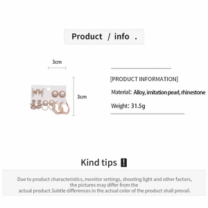Size and material specifications for gold earring set with pearls and rhinestones