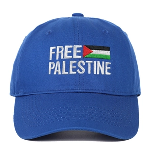 Berretto da baseball blu navy Free Palestine con ricamo bianco e dettaglio bandiera