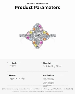 Detailed S925 sterling silver clover ring specifications with 5A colorful zircons