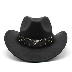 Black western cowboy felt hat with leather strap, metal studs and bull head ornament