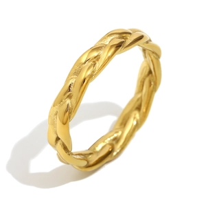 Minimalist 18K gold plated stainless steel braided ring with polished rope texture