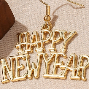 Festive gold Happy New Year drop earrings with elegant hollow lettering for women