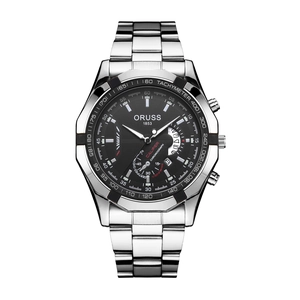 Silver stainless steel men's watch with black chronograph dial and tachymeter bezel