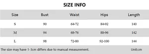 Size guide with bust, waist and hips measurements for backless halter neck summer dress