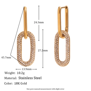 18K gold plated stainless steel rectangle link earrings with micro-pave cubic zirconia