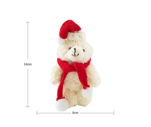 Detailed size view of a 14cm white plush Christmas bear with red scarf and hat