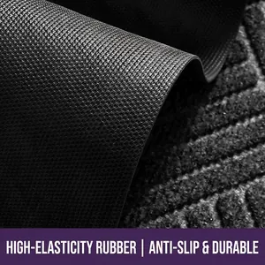Durable black striped door mat with non-slip rubber backing and scraper surface for home entry
