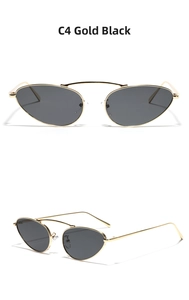 Front and side views of gold metal cat-eye sunglasses with dark grey lenses and double bridge