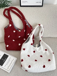 Fuzzy heart embroidery sherpa tote bag in burgundy and cream with button closure