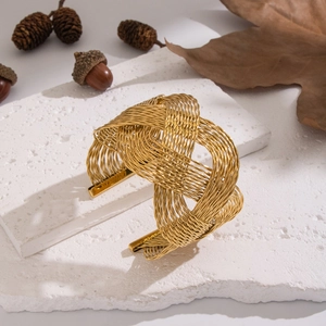 Bohemian gold stainless steel multi-layer mesh open cuff bracelet for women