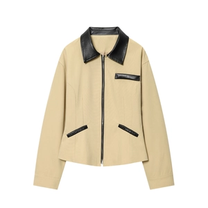 Veste Femme En Toile Kaki Avec Garniture En Similicuir Col À Revers Fermeture Éclair Manches Longues Style Rétro