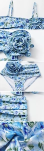 Detail of 3D floral accents and knit texture on a blue floral one-piece swimsuit