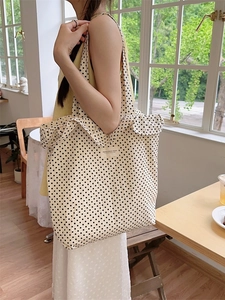 White polka dot canvas tote bag with ruffled edges for women, casual shoulder handbag