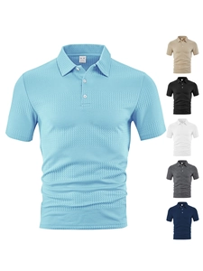 Detail of waffled texture fabric on men polo shirts in six different classic colors