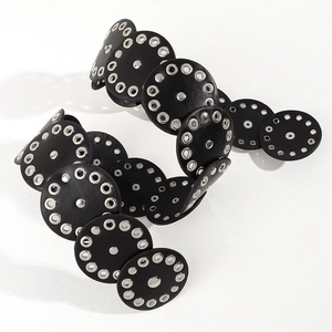 Vintage punk black leather waist belt with silver metal grommets and rivets for dresses