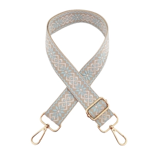 Dettaglio della tracolla jacquard etnica con moschettoni in metallo dorato lucido
