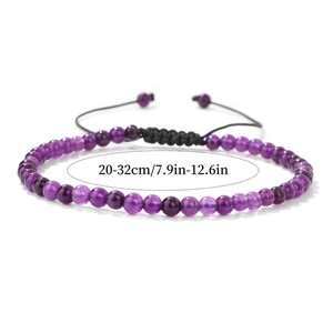 Detail showing adjustable 20-32cm black cord with 4mm purple amethyst beaded bracelet