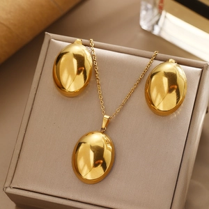 Minimalist Stainless Steel Jewelry Set For Women Gold Silver Oval Geometric Pendant Necklace Earrings Set Fashion Jewelry