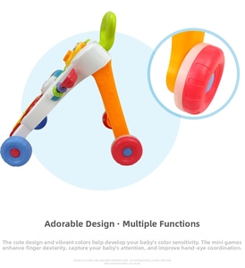 Detail of adjustable speed control and silent wheels on the baby walker for safe walking
