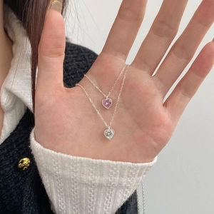 S925 sterling silver heart-shaped necklace with pink and white cubic zirconia stones