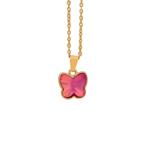 Golden butterfly necklace featuring iridescent pink faceted wings on a classic gold chain