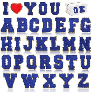 Royal blue chenille letter patches with gold glitter borders A-Z alphabet set