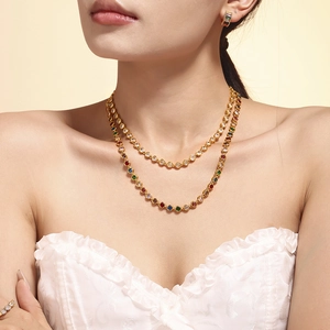 Titanium steel jewelry set with rainbow cubic zirconia featuring necklace, earrings and ring