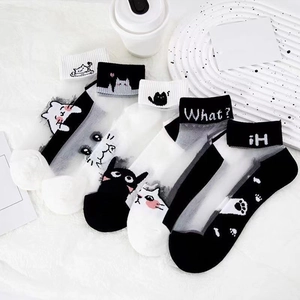 Sheer glass silk socks with cute cat patterns and breathable mesh for summer wear