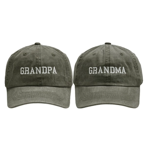Detail of Grandma and Grandpa embroidery on retro washed dark green cotton baseball caps