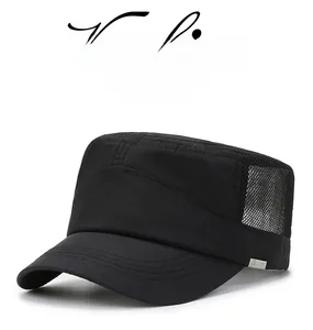 Detail of a black flat top military cap featuring breathable mesh and side metal emblem