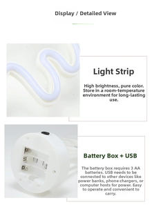 Detail of neon lamp base showing dual USB or 3 AA battery power options and flexible strip