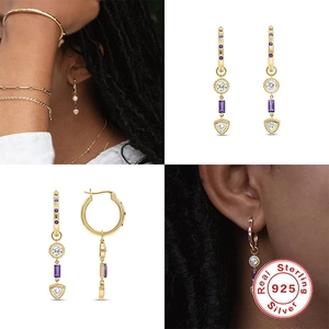 S925 Sterling Silver Gold Dangle Earrings with Purple Amethyst and Clear Zircons