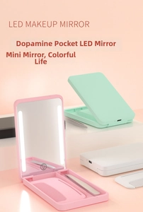 Detail of portable LED makeup mirror with storage case, mini hair comb and tweezers