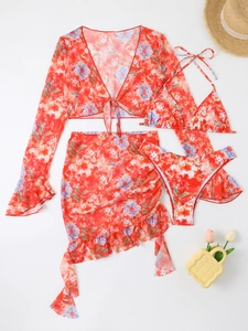 Detailed four-piece floral bikini set including long sleeve cover-up and ruffle skirt