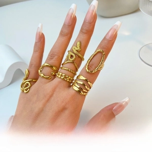 Detail of 8-piece 18K gold-plated stainless steel ring set with serpent and gemstone designs