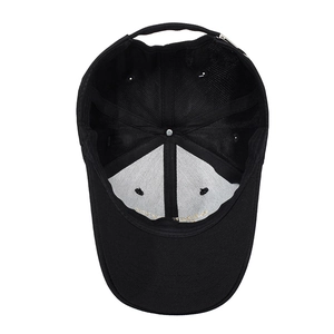 Inside view of black cotton baseball cap with gold embroidery and metal buckle strap