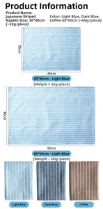 Size chart showing striped cotton linen napkins in various dimensions and colors