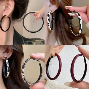 Leopard Print Leather Wrapped Large Hoop Earrings With 925 Sterling Silver Earring Post Vintage Geometric Ear Jewelry For Women