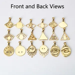 Various golden stainless steel evil eye charms showing front and back views for jewelry DIY