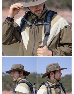 Close-up of khaki outdoor sun hat featuring breathable mesh vents and adjustable wind rope