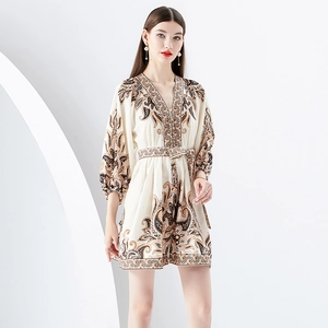 Vintage Paisley Print Minikleid V-Ausschnitt Laternenärmel Bindegürtel Bohemian Urlaubsstil Elegante Mode Damen
