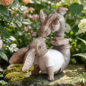 Resin parent-child bunny garden ornament featuring a large rabbit in a white sweater
