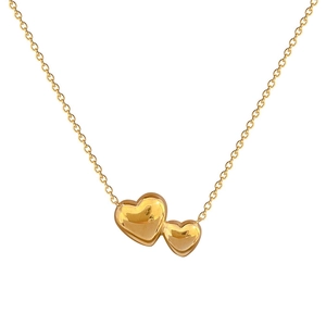 Elegant gold titanium steel necklace featuring double interlocking heart pendants