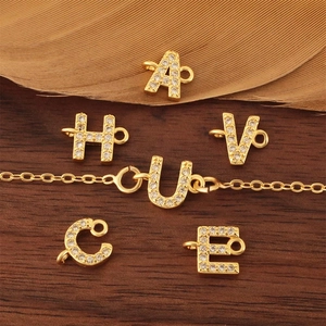 Double-hole 18k gold plated alphabet charms with cubic zirconia for DIY jewelry