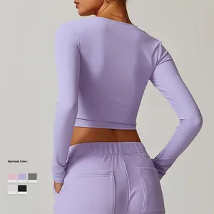 Women's lavender yoga set featuring long sleeve cropped top and drawstring sweatpants