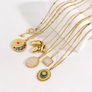 Polished gold stainless steel necklaces with assorted natural stone and zircon pendants